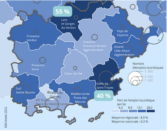 Le littoral et les Gorges du Verdon emploient la majorité des salariés du secteur du tourisme (carte : IGN-Insee) Le littoral et les Gorges du Verdon emploient la majorité des salariés du secteur du tourisme (carte : IGN-Insee)