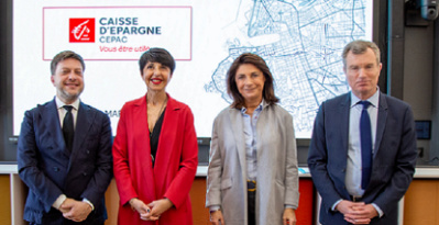 Benoit Payan, maire de Marseille, Christine Fabresse, présidente du directoire de la Caisse d'Épargne Cepac, Martine Vassal, présidente de la Métropole et Christophe Mirmand, préfet des Bouches-du-Rhône (© Cepac)