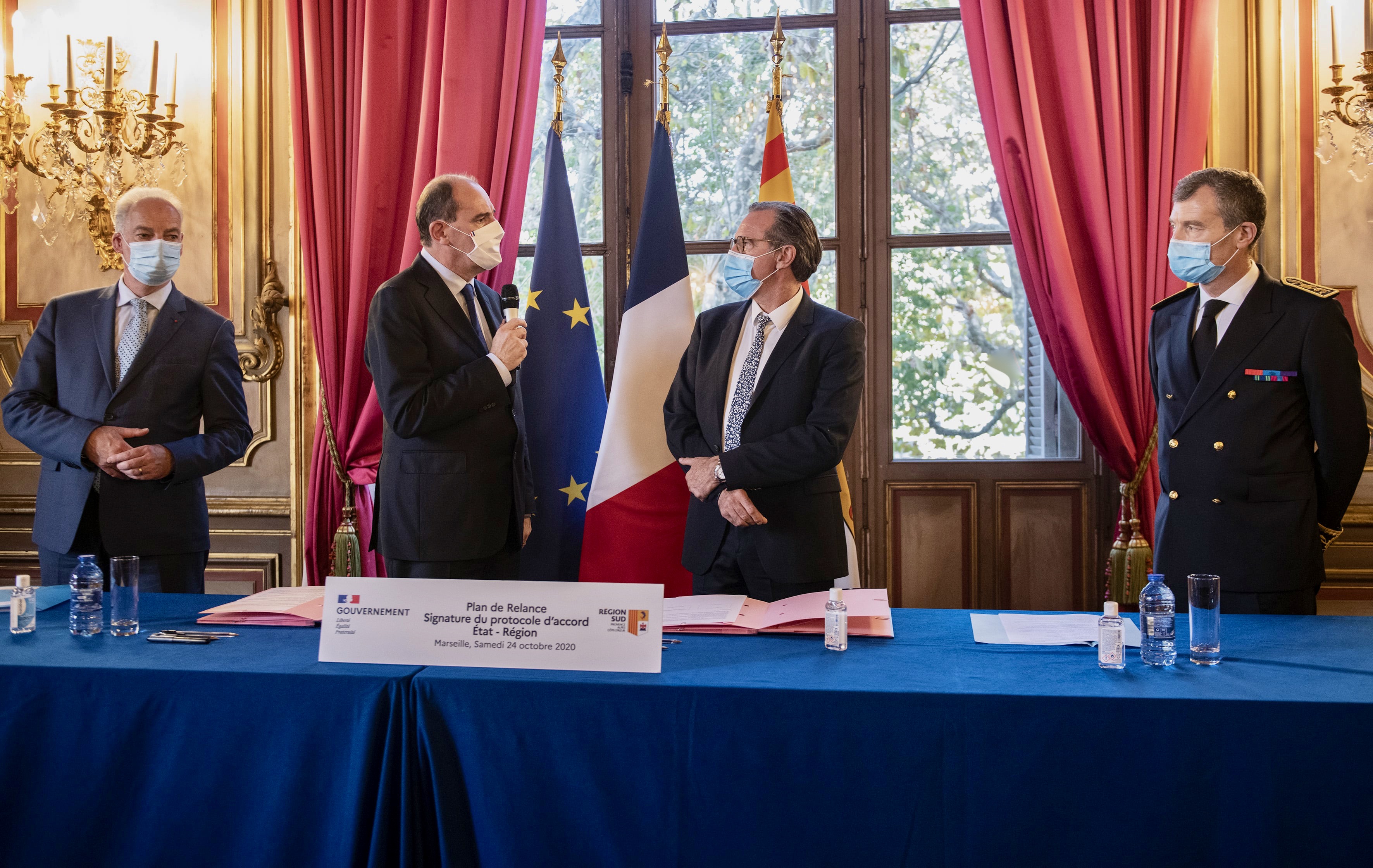 Le 24 octobre 2020, le Premier ministre Jean Castex et Renaud Muselier ont signé en préfecture de Région un protocole d’accord de 64 M€ pour financer des projets concrets en région PACA. ©CA