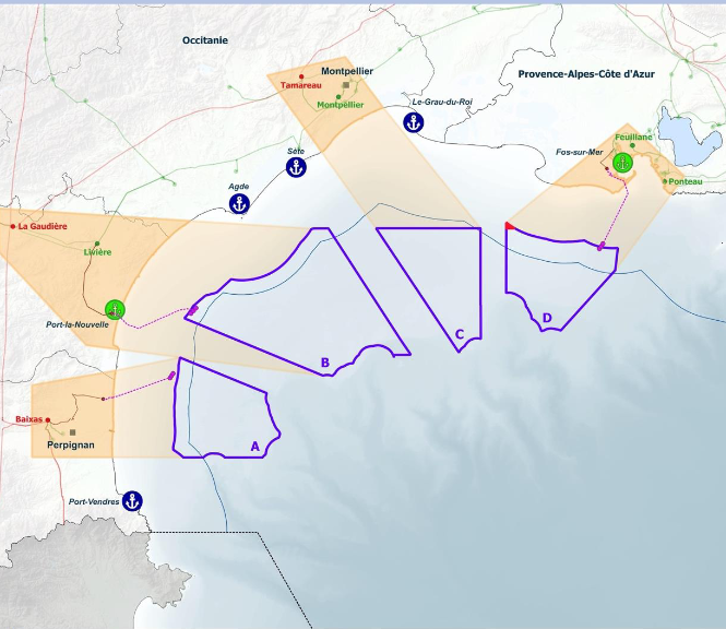 Les quatre macro-zones maritimes et les points de raccordement pressentis (carte : CNDP)