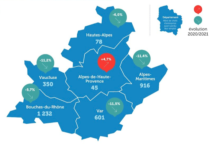 Les Bouches-du-Rhône paient le plus gros tribut (carte: Observatoire de l'emploi des entrepreneurs)