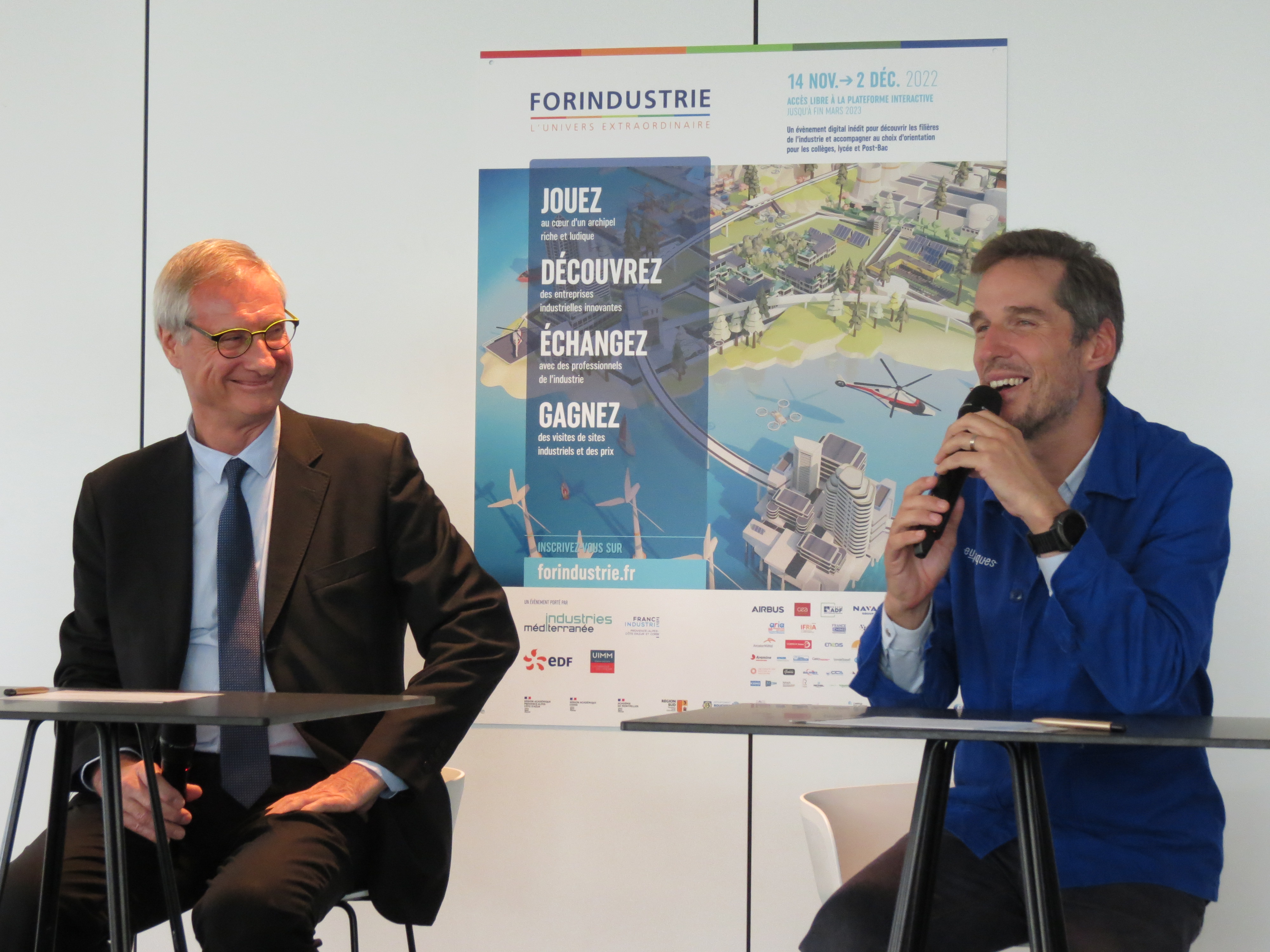 Pour Serge Bornarel (UIMM / Industries Méditerranée) et Mathieu Rozières (Euphoriques), « ForIndustrie, l’Univers extraordinaire » est appelé à durer pour s’imposer comme un outil d’orientation. (Photo JC Barla)