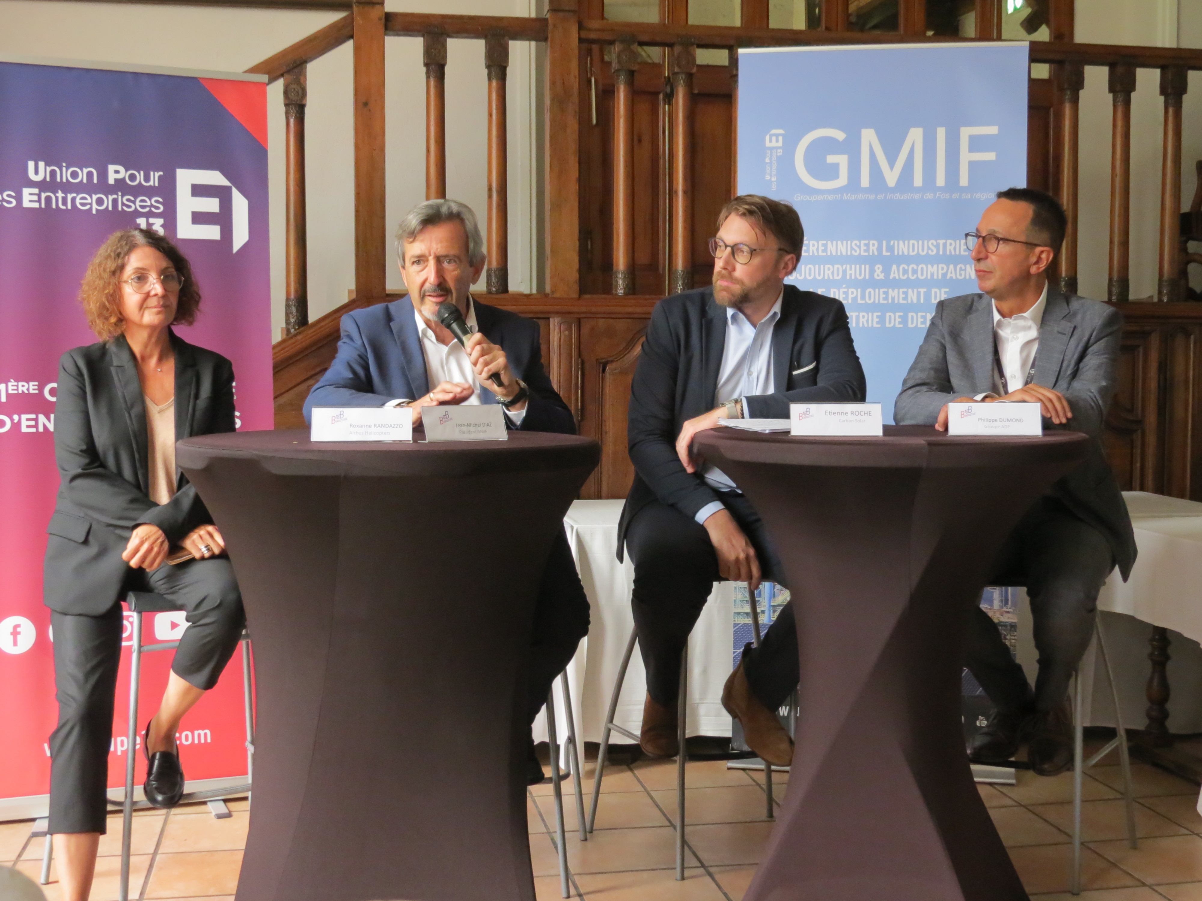 Roxane Randazzo (Airbus Helicopters), Jean-Michel Diaz (GMIF), Etienne Roche (Carbon) et Philippe Dumont (ADF) ont exposé l’intérêt de bien suivre les projets industriels du territoire pour espérer en profiter. (Photo JC Barla)