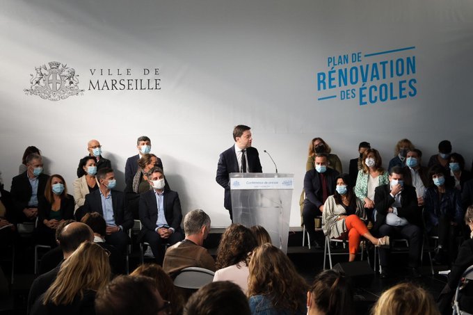 Le maire de Marseille, Benoît Payan, lors de la présentation officielle du volet rénovation des écoles. DR