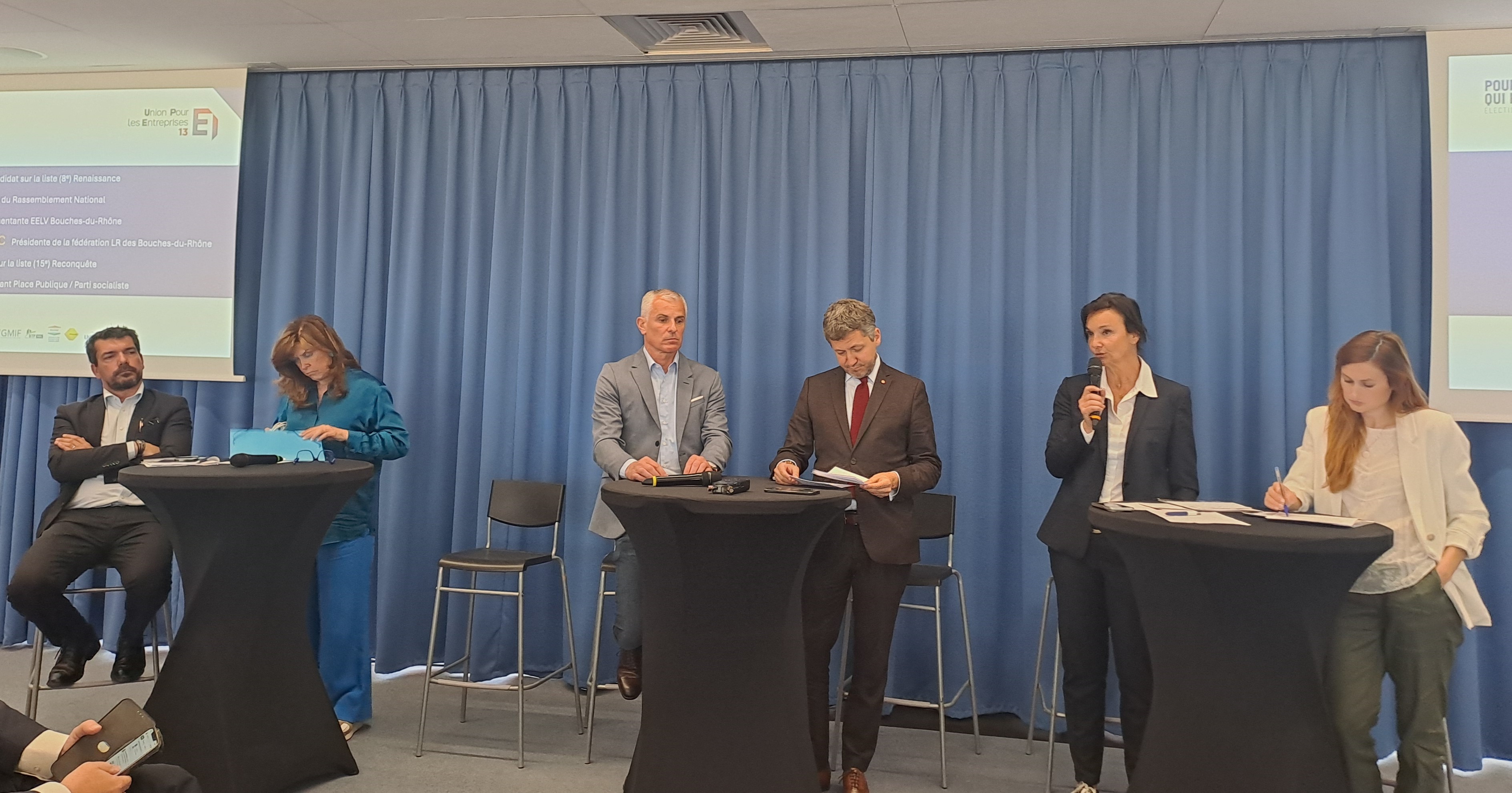 Les six candidats : Loïc Gachon, Christine Juste, Gregory Allione, Franck Allisio, Laure-Agnès Caradec et Emmy Font (Photo JC Barla)