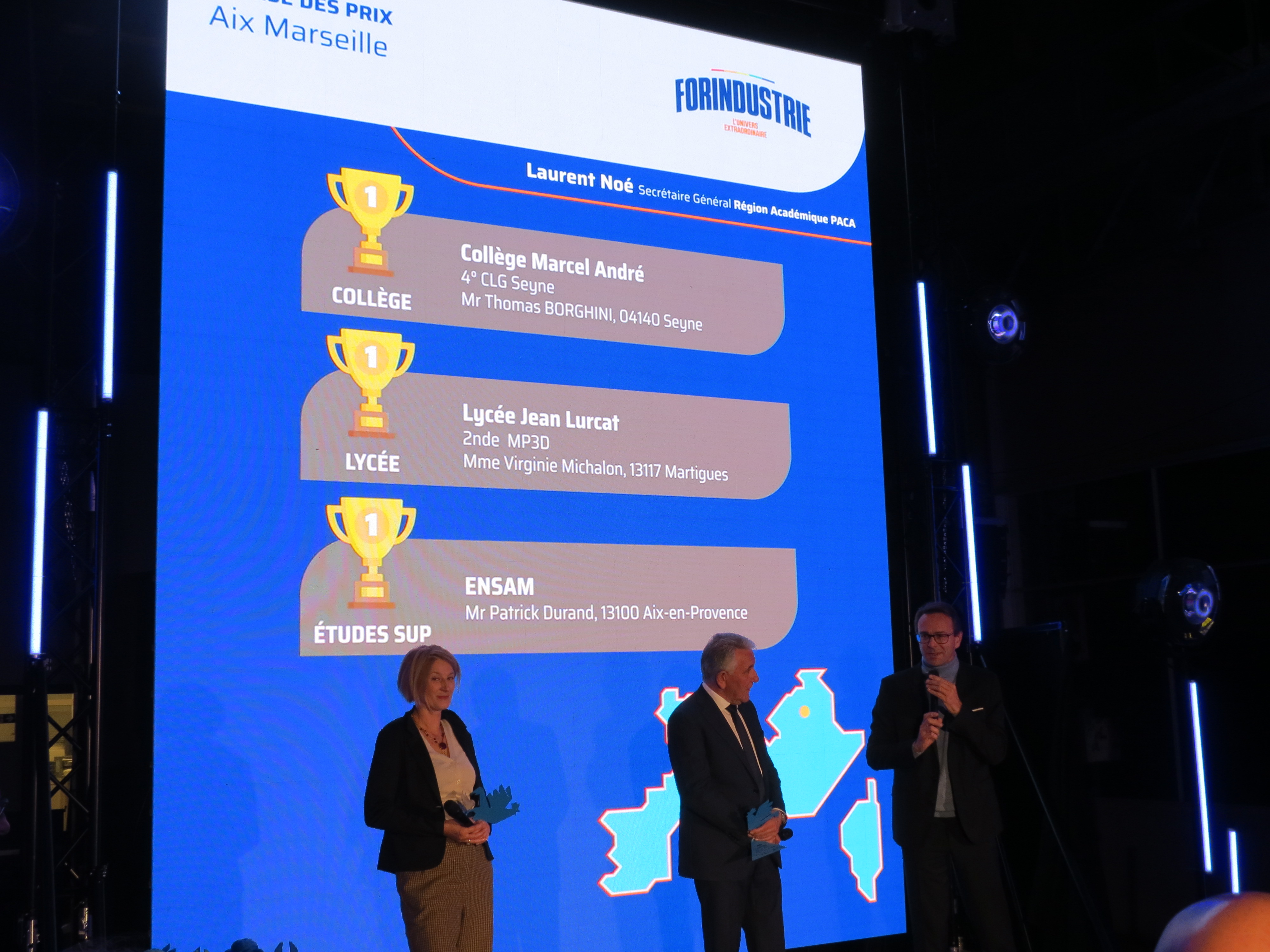 Sandrine Baudaux (DRAFPICA Occitanie), Marcel Ragni, président UIMM Sud-Corse, Laurent Noé (région académique PACA) dévoilent les résultats 2024 de Forindustrie. (Photo JC Barla)