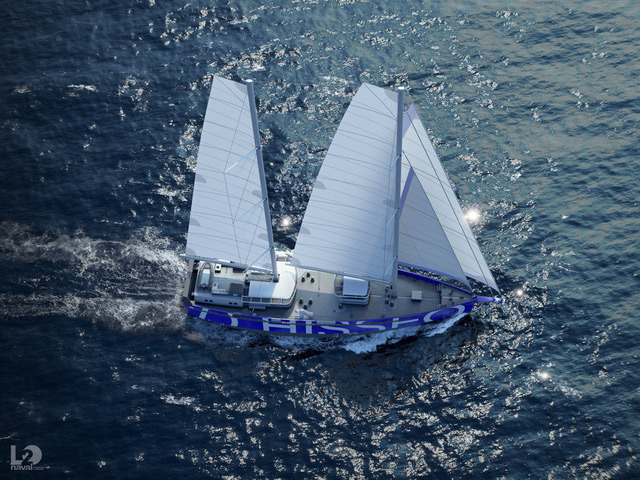 Vue d’artiste de L2ONaval du futur cargo à voiles d’Hisseo qui opèrera en 2027 en Méditerranée.